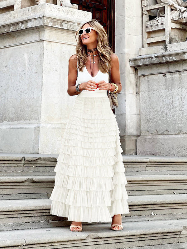 Layered Mesh Swing Skirt for Women - Multi-Tier Flowy A-Line Skirt White