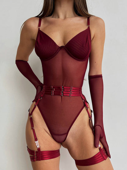 Women's Sexy One-Piece Bodysuit with Gloves and Bandage See-Through Mesh Suit Wine Red
