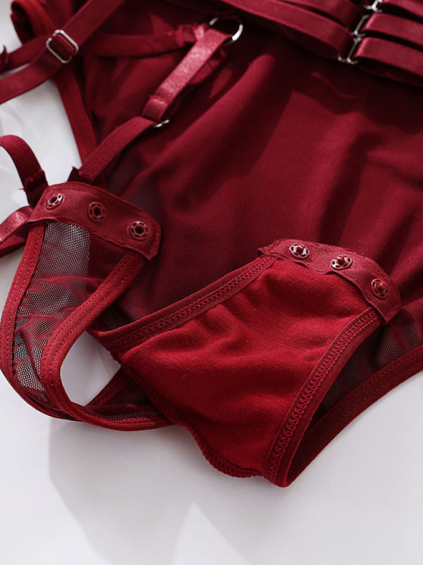 Women's Sexy One-Piece Bodysuit with Gloves and Bandage See-Through Mesh Suit