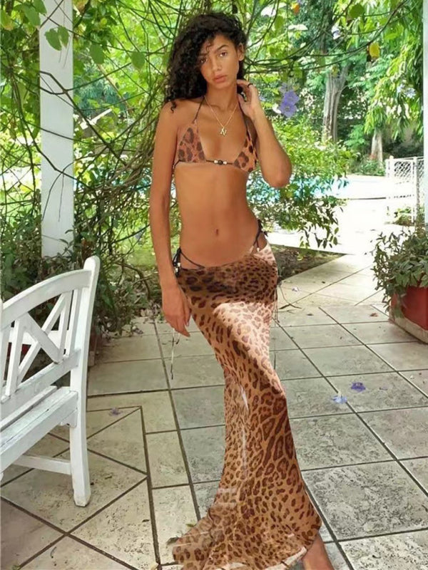 Women's new printed sexy bikini strappy skirt casual suit Leopard
