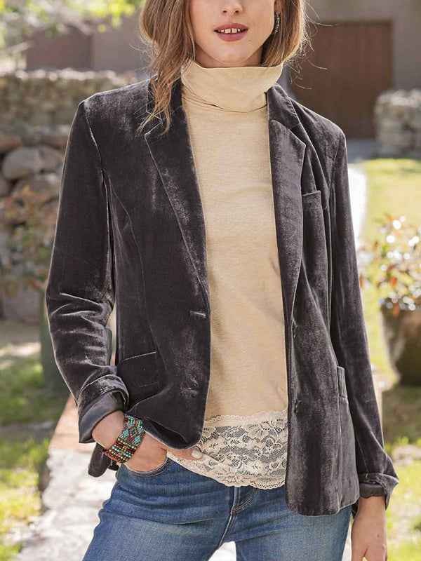 Women's Velvet Blazer Top - Casual Suit - Multiple Colors Khaki