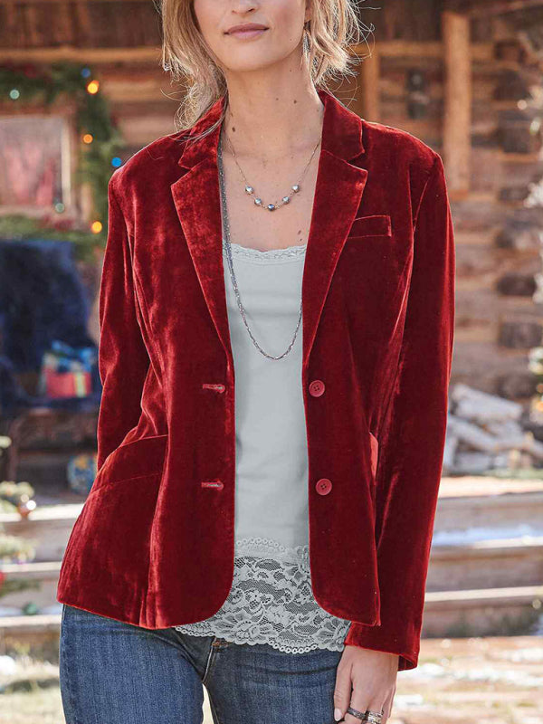 Women's Velvet Blazer Top - Casual Suit - Multiple Colors Red