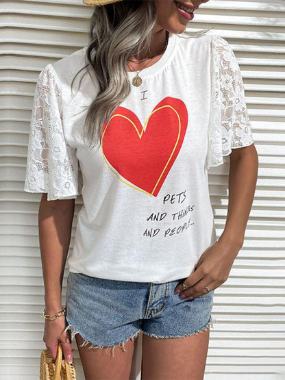Modern Fashion Women's Valentine's Day Clothing Printed Short Sleeve T-Shirt White
