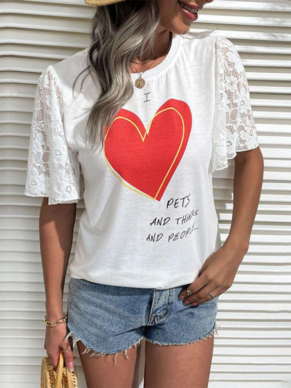 Modern Fashion Women's Valentine's Day Clothing Printed Short Sleeve T-Shirt White