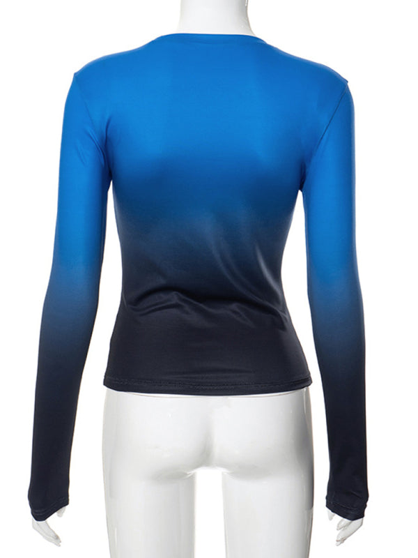 Gradient Print Round Neck Long Sleeve Polyester Women's Top