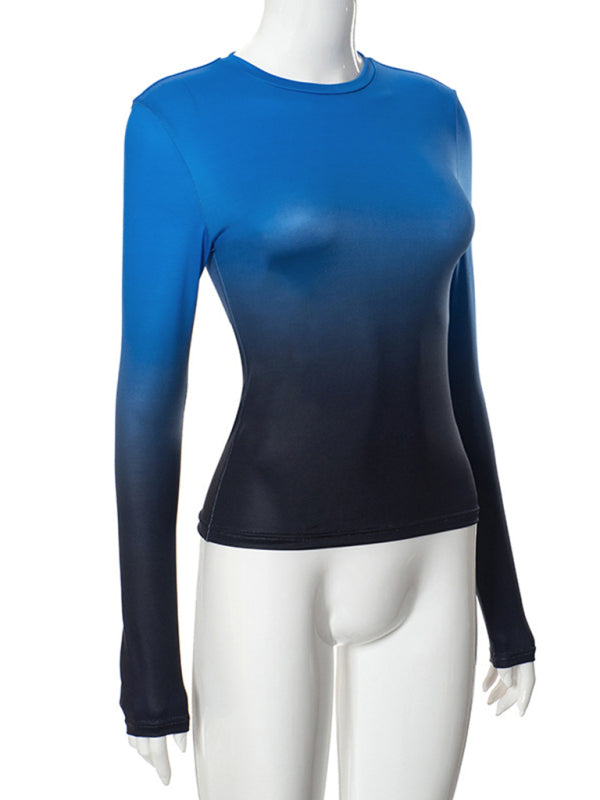 Gradient Print Round Neck Long Sleeve Polyester Women's Top
