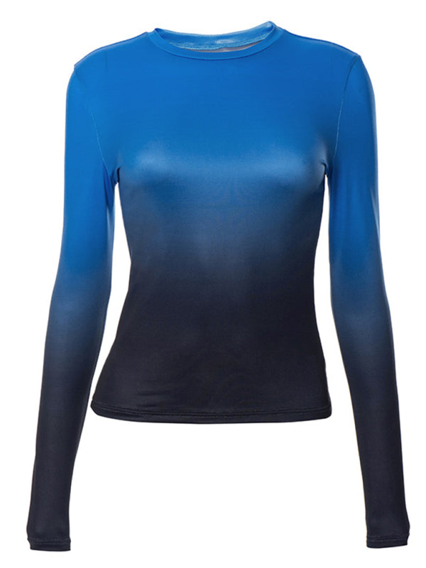 Gradient Print Round Neck Long Sleeve Polyester Women's Top
