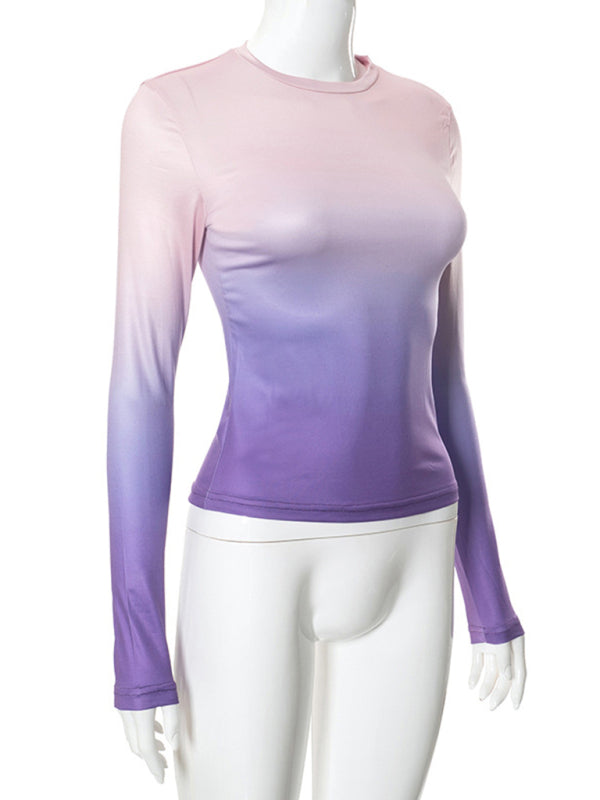 Gradient Print Round Neck Long Sleeve Polyester Women's Top