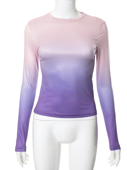 Gradient Print Round Neck Long Sleeve Polyester Women's Top