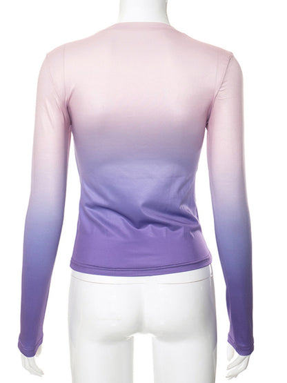 Gradient Print Round Neck Long Sleeve Polyester Women's Top