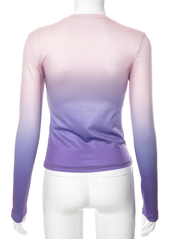 Gradient Print Round Neck Long Sleeve Polyester Women's Top
