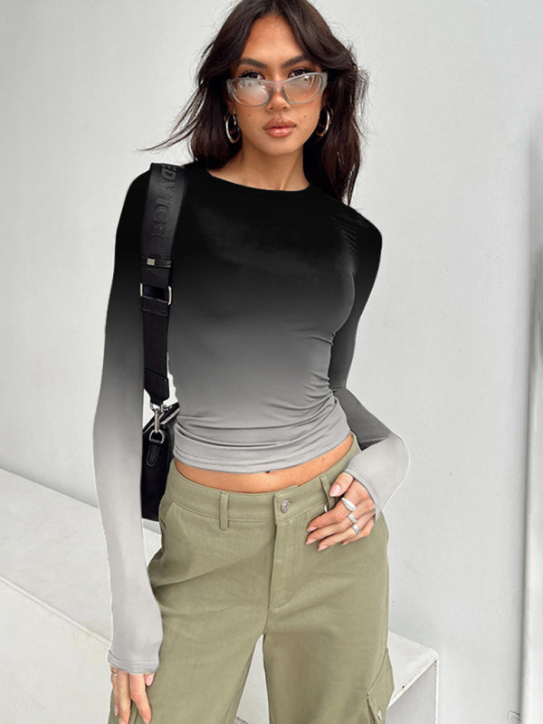 Gradient Print Round Neck Long Sleeve Polyester Women's Top Pattern2