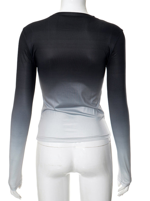 Gradient Print Round Neck Long Sleeve Polyester Women's Top