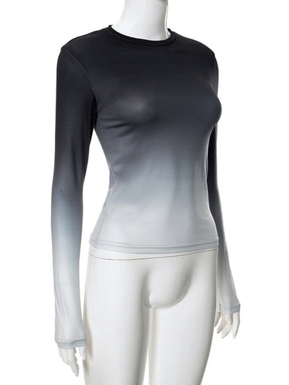 Gradient Print Round Neck Long Sleeve Polyester Women's Top