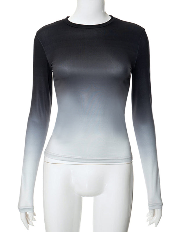 Gradient Print Round Neck Long Sleeve Polyester Women's Top