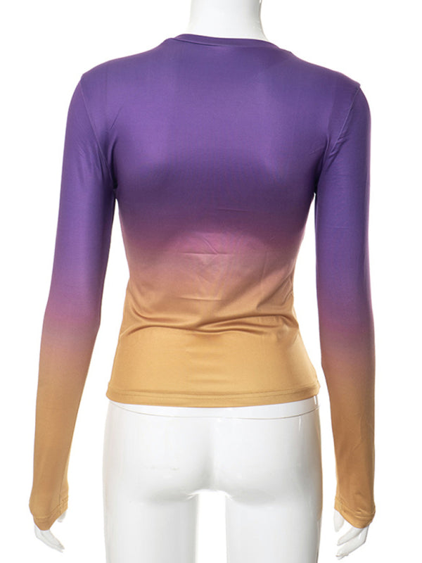 Gradient Print Round Neck Long Sleeve Polyester Women's Top