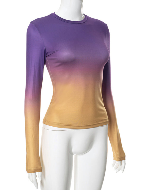 Gradient Print Round Neck Long Sleeve Polyester Women's Top