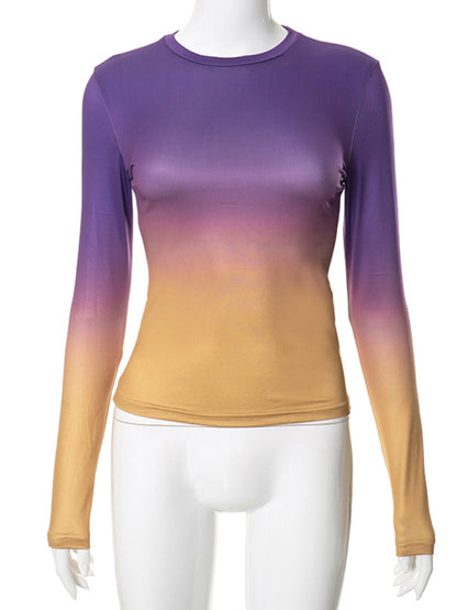 Gradient Print Round Neck Long Sleeve Polyester Women's Top