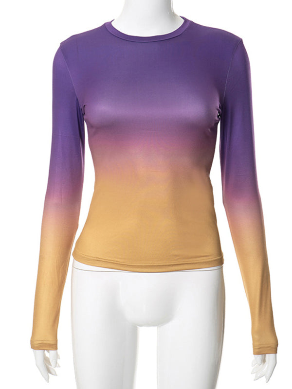 Gradient Print Round Neck Long Sleeve Polyester Women's Top