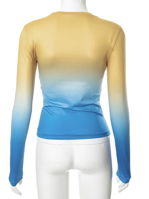 Gradient Print Round Neck Long Sleeve Polyester Women's Top