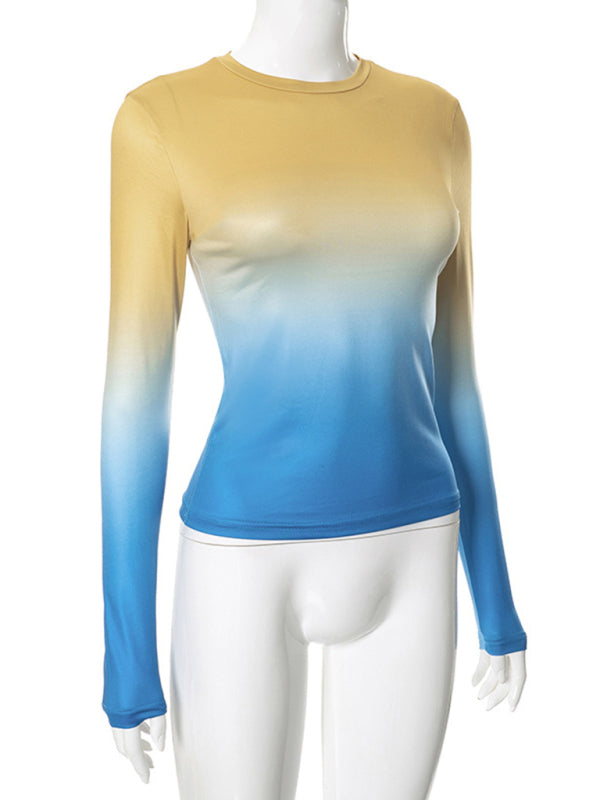 Gradient Print Round Neck Long Sleeve Polyester Women's Top