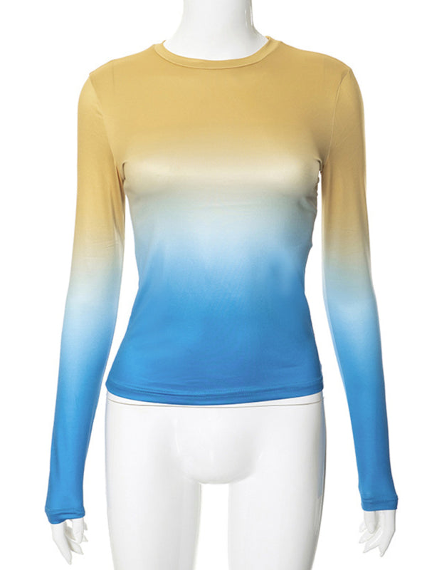 Gradient Print Round Neck Long Sleeve Polyester Women's Top