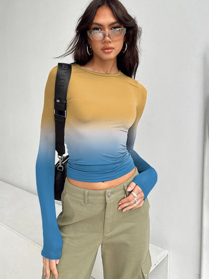 Gradient Print Round Neck Long Sleeve Polyester Women's Top Pattern4
