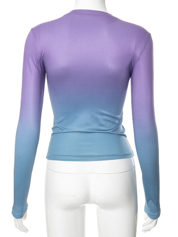 Gradient Print Round Neck Long Sleeve Polyester Women's Top
