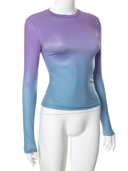 Gradient Print Round Neck Long Sleeve Polyester Women's Top