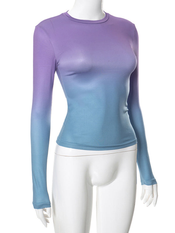 Gradient Print Round Neck Long Sleeve Polyester Women's Top