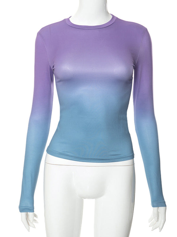 Gradient Print Round Neck Long Sleeve Polyester Women's Top