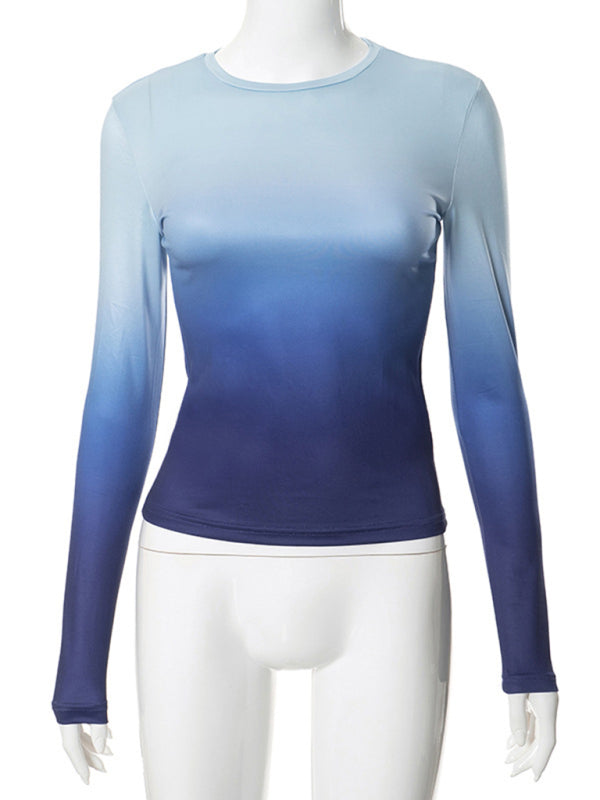 Gradient Print Round Neck Long Sleeve Polyester Women's Top