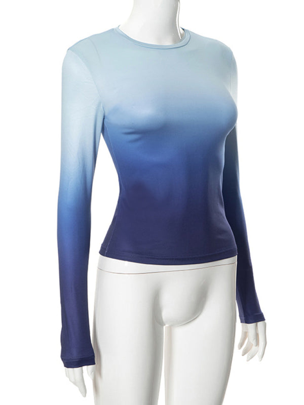 Gradient Print Round Neck Long Sleeve Polyester Women's Top