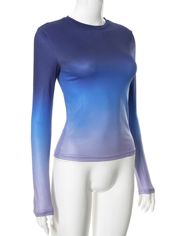 Gradient Print Round Neck Long Sleeve Polyester Women's Top