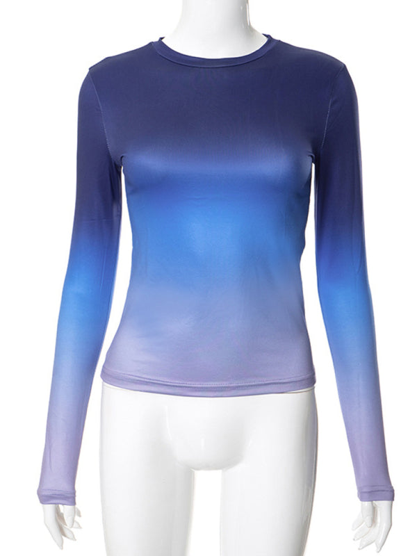 Gradient Print Round Neck Long Sleeve Polyester Women's Top
