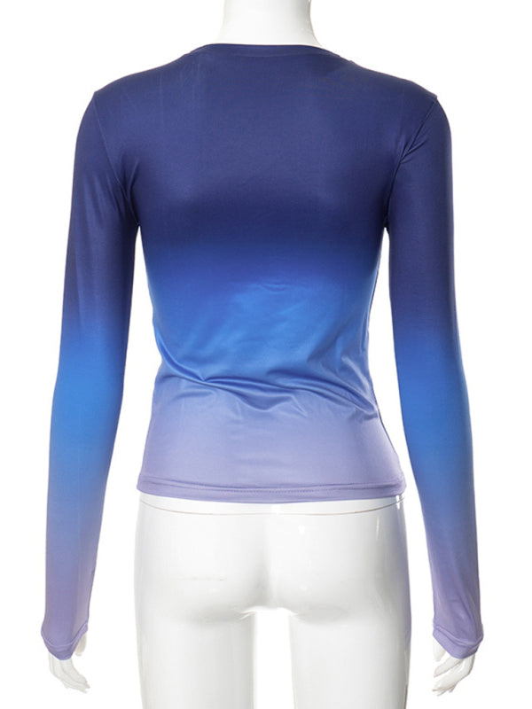 Gradient Print Round Neck Long Sleeve Polyester Women's Top