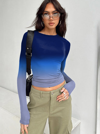 Gradient Print Round Neck Long Sleeve Polyester Women's Top Pattern8