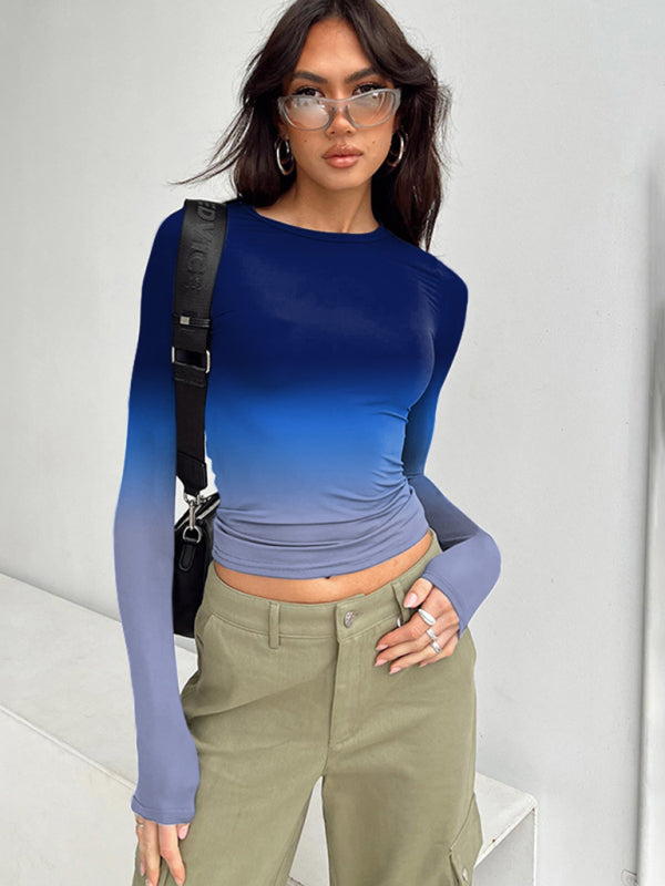 Gradient Print Round Neck Long Sleeve Polyester Women's Top Pattern8