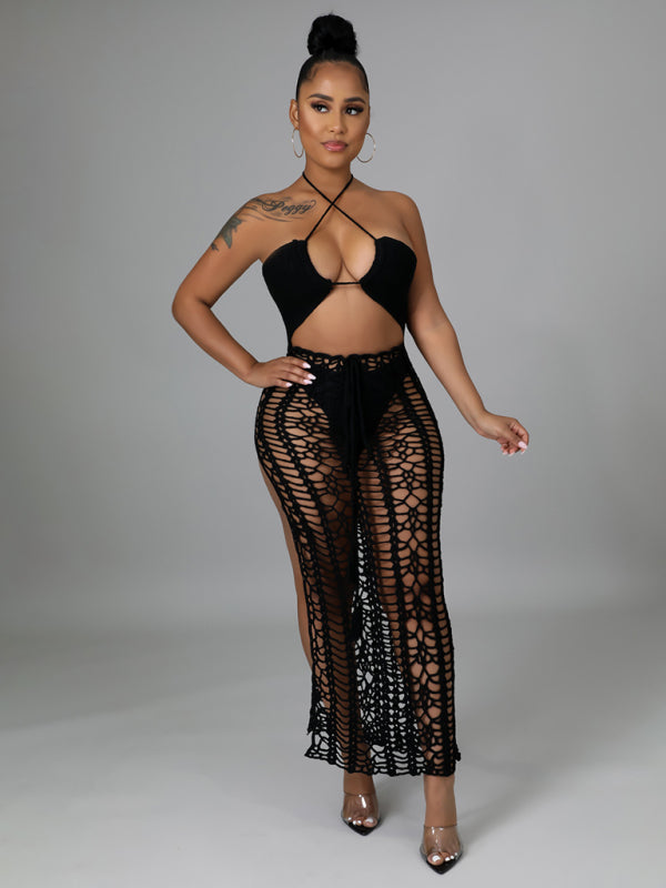 Women's long fringed stretch side slit suspender beach skirt Black