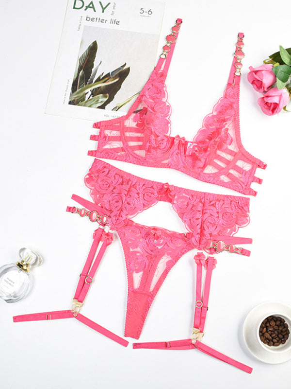 Modern embroidered bra retro decorative sexy push-up underwear set Peach
