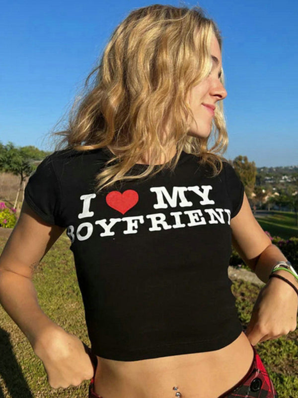 Heart Letter Print Crop Top Short Sleeve Women's T-Shirt Black