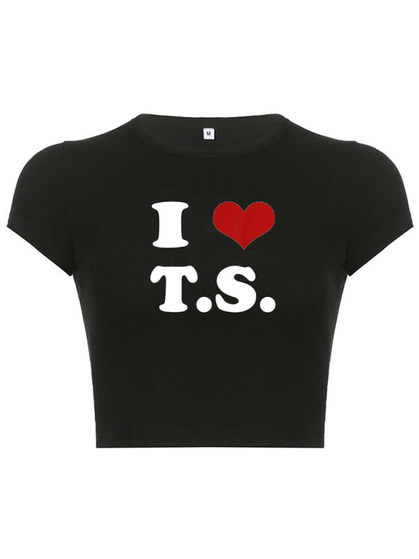 Heart Letter Print Crop Top Short Sleeve Women's T-Shirt Pattern1