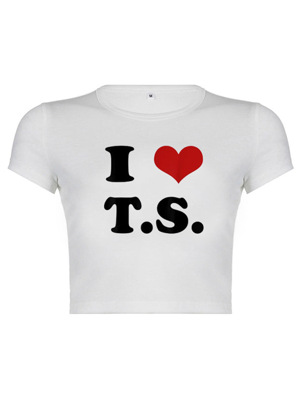 Heart Letter Print Crop Top Short Sleeve Women's T-Shirt Pattern2