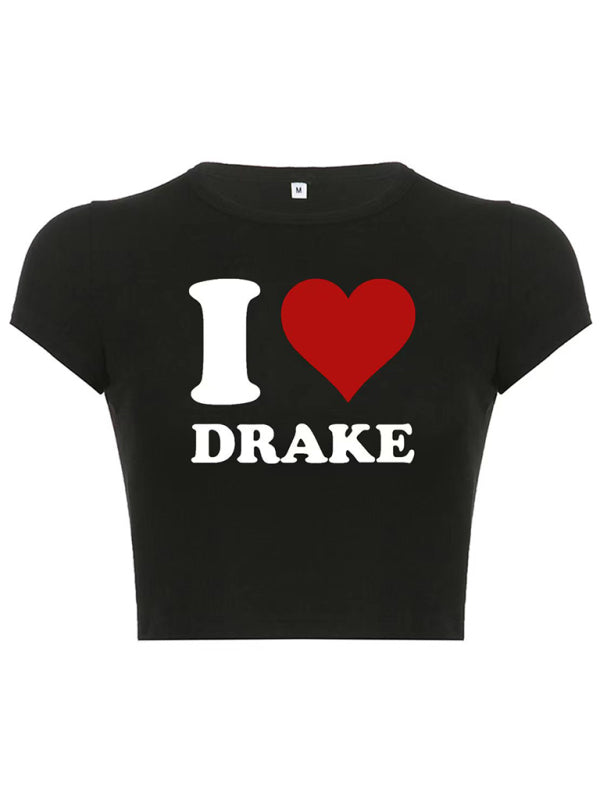 Heart Letter Print Crop Top Short Sleeve Women's T-Shirt Pattern3
