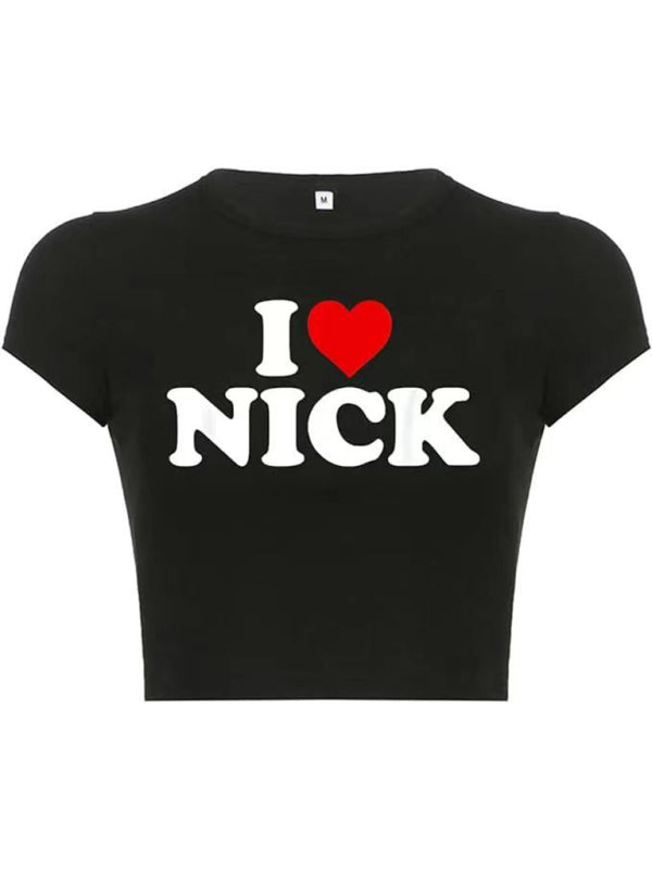 Heart Letter Print Crop Top Short Sleeve Women's T-Shirt Pattern5