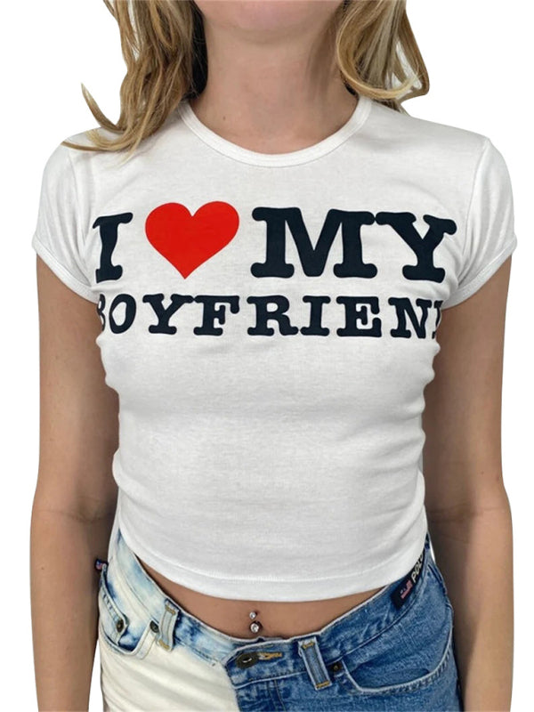 Heart Letter Print Crop Top Short Sleeve Women's T-Shirt White