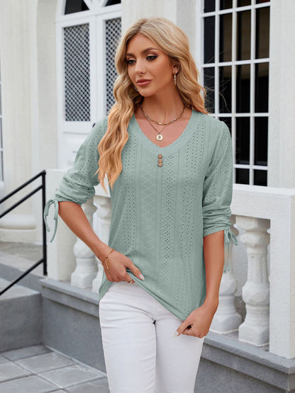 V-Neck Three Quarter Sleeve Button Top Viscose Women's Loose Blouse