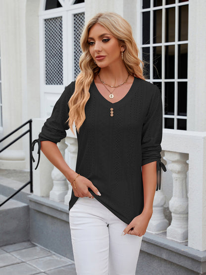 V-Neck Three Quarter Sleeve Button Top Viscose Women's Loose Blouse