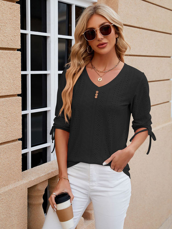 V-Neck Three Quarter Sleeve Button Top Viscose Women's Loose Blouse Black