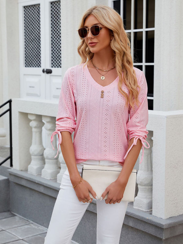 V-Neck Three Quarter Sleeve Button Top Viscose Women's Loose Blouse